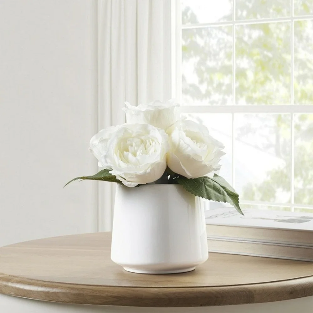 White Faux Rose Floral Arrangement in Ceramic Vase 13